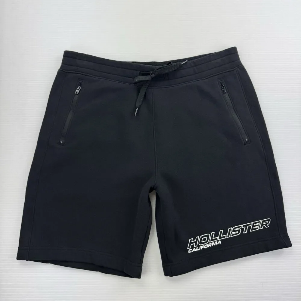 Hollister Men’s Black Sweat Shorts Logo Drawstring Zipper Pockets Size Large